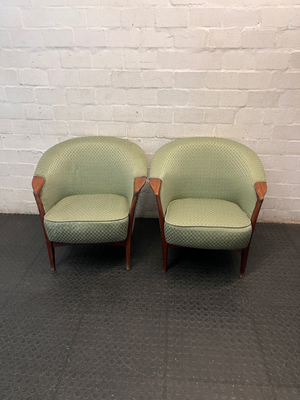 Vintage Green Patterned Tub Armchair with Wooden Frame — Good Condition Antique Suite