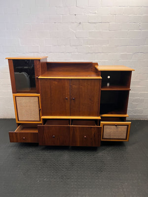 Vintage Mid-Century Style Wooden Entertainment & Storage Unit with Rattan Accents