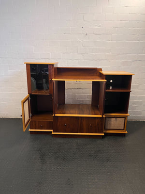 Vintage Mid-Century Style Wooden Entertainment & Storage Unit with Rattan Accents