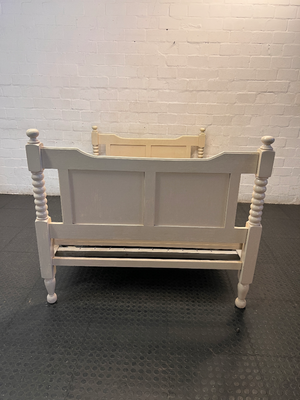 Vintage Style Cream Double Bed Frame with Spindle Posts — Fair Condition with Aged Finish and Base Patina