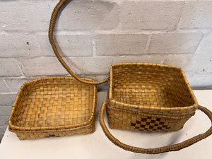 Vintage Two-Tone Woven Rattan Picnic Basket with Lid - 2ndhandwarehouse.com