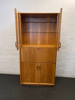 Vintage Wood Finish Display Cabinet with Drinks Flap - Good Condition - 2ndhandwarehouse.com