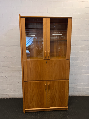 Vintage Wood Finish Display Cabinet with Drinks Flap - Good Condition - 2ndhandwarehouse.com