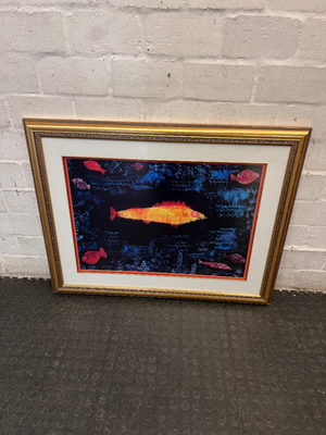 Whimsical Abstract Fish Print in Ornate Gold Frame — Good Overall Condition