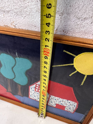 Whimsical Framed Fabric Art – Colorful House & Trees Design