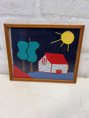 Whimsical Framed Fabric Art – Colorful House & Trees Design