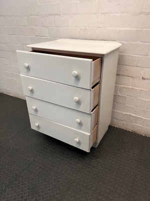 White 4-Drawer Chest with Round Knobs — Worn Paint Finish and Surface Bumps