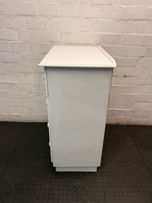 White 4-Drawer Chest with Round Knobs — Worn Paint Finish and Surface Bumps