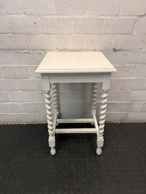 White Side Table with Barley Twist Legs — Fair Condition with Visible Wear