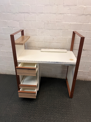 White Manicure Desk with Wood-Tone Trim and Storage — Well Used with Visible Wear