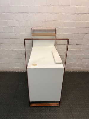 White Manicure Desk with Wood-Tone Trim and Storage — Well Used with Visible Wear