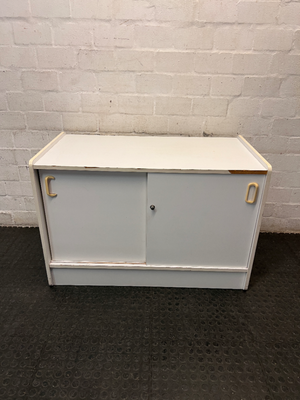 White Office Cupboard with Sliding Doors — Damaged Front Edging and Broken Door Lock
