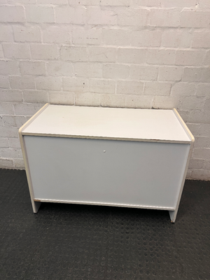 White Office Cupboard with Sliding Doors — Damaged Front Edging and Broken Door Lock