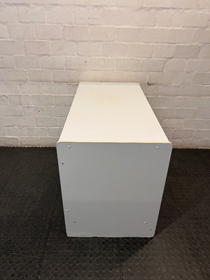 White Office Cupboard with Sliding Doors — Damaged Front Edging and Broken Door Lock
