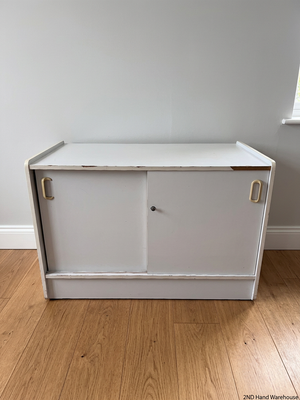White Office Cupboard with Sliding Doors — Damaged Front Edging and Broken Door Lock