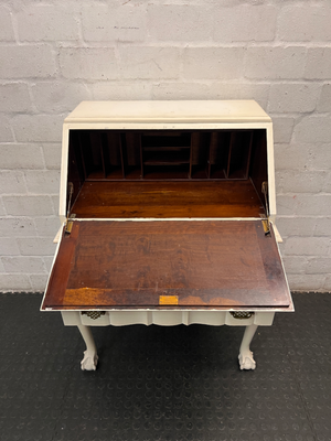 White Painted Vintage Writing Bureau with Ball and Claw Feet — Fair Condition with Visible Wear