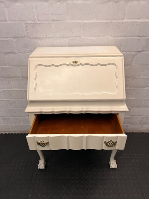 White Painted Vintage Writing Bureau with Ball and Claw Feet — Fair Condition with Visible Wear