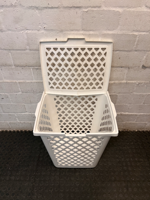 White Plastic Lidded Laundry Basket — Used Condition; Fair