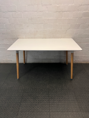 White Rectangular Table with Tapered Wooden Legs — Fair Used Condition