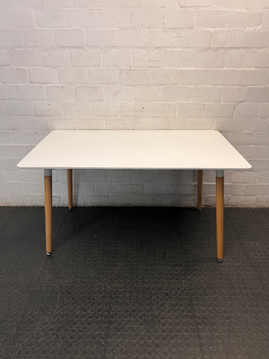 White Rectangular Table with Tapered Wooden Legs — Fair Used Condition