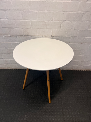 White Round Dining Table with Eames Style Wood Legs — Fair Condition with Minor Assembly Wear