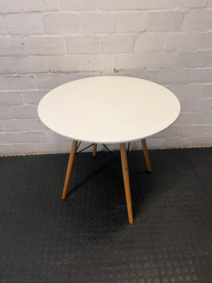 White Round Dining Table with Eames Style Wood Legs — Fair Condition with Minor Assembly Wear