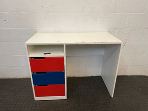 White Small Desk with Red and Blue Drawers