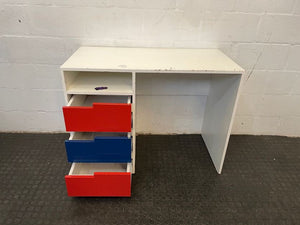 White Small Desk with Red and Blue Drawers