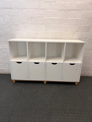 White Storage Cabinet with 4 Drawers and Wood Legs — Small Mark on One Drawer Face