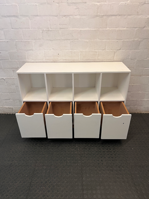 White Storage Cabinet with 4 Drawers and Wood Legs — Small Mark on One Drawer Face
