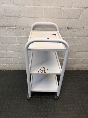 White Three-Tier Metal Utility Trolley — Fair Condition With Visible Wear