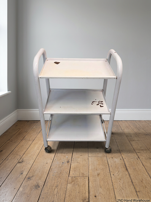 White Three-Tier Metal Utility Trolley — Fair Condition With Visible Wear