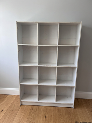 White Twelve-Cube Shelving Unit — Visible Surface Wear and Chipping on Shelves