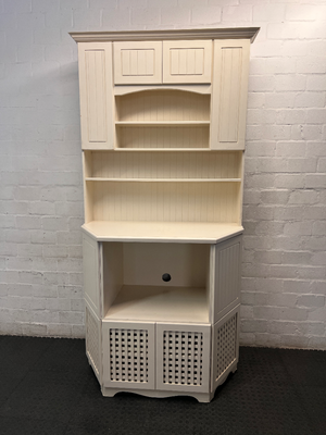 White Wooden Kitchen Hutch with Lattice Details — Fair Condition with Visible Wear