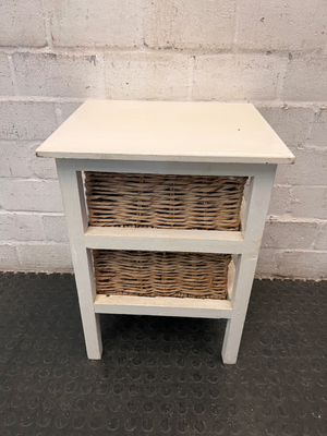 White Wooden Side Table with Wicker Basket Drawers — Fair Condition with Visible Wear