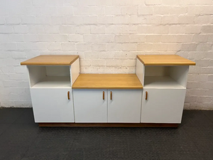 White and Oak-Toned Tiered TV Unit with Cupboards — Used; Fair Condition