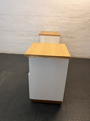 White and Oak-Toned Tiered TV Unit with Cupboards — Used; Fair Condition