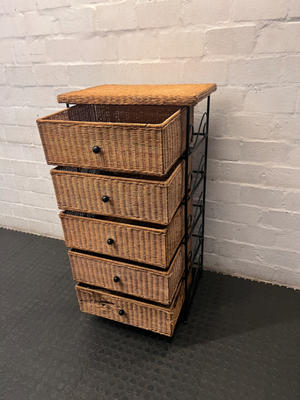 Wicker and Metal 5-Drawer Chest — Damaged Drawer and Significant Wear