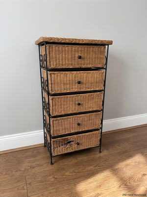 Wicker and Metal 5-Drawer Chest — Damaged Drawer and Significant Wear