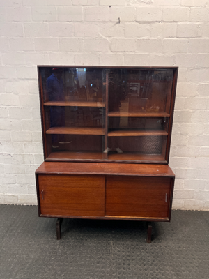 Wood-Finish Display Cabinet with Sliding Glass Doors — Clean and Well-Maintained
