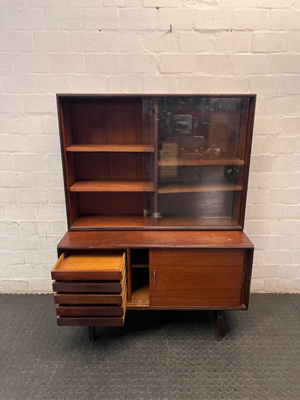 Wood-Finish Display Cabinet with Sliding Glass Doors — Clean and Well-Maintained
