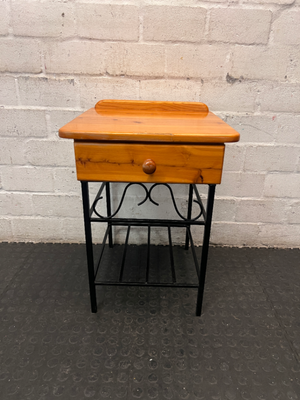Wooden Bedside Table with Black Metal Base