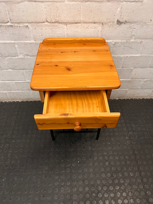 Wooden Bedside Table with Black Metal Base