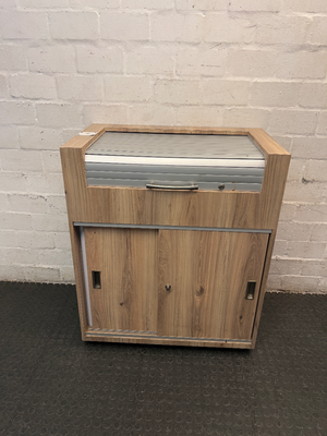 Wooden Storage Cabinet with Roller Shutter & Sliding Doors — Well Used Condition
