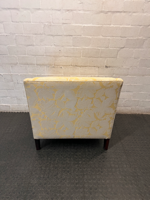Yellow Floral Woven Armchair with Dark Wood Frame — Great Condition