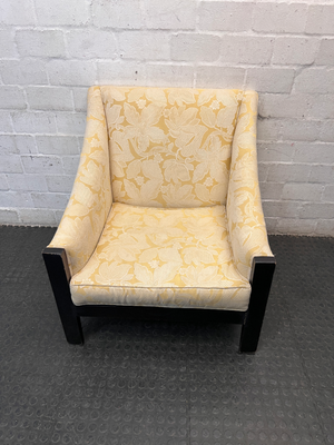 Yellow Floral Woven Armchair with Dark Wood Frame — Great Condition