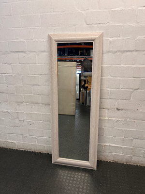 Tall Light Oak Style Framed Wall Mirror — Well Used Condition – main front view