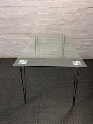 Modern Glass Top Dining Table with Hairpin Legs — Good Working Order – side view