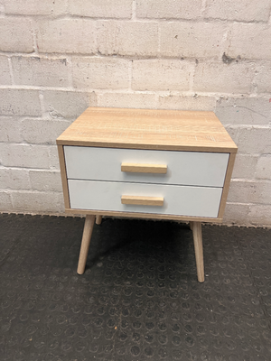 Two-Drawer Scandi-Style Bedside Table — Well Used with Significant Wear – main front view