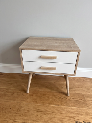 Two-Drawer Scandi-Style Bedside Table — Well Used with Significant Wear – styled product image